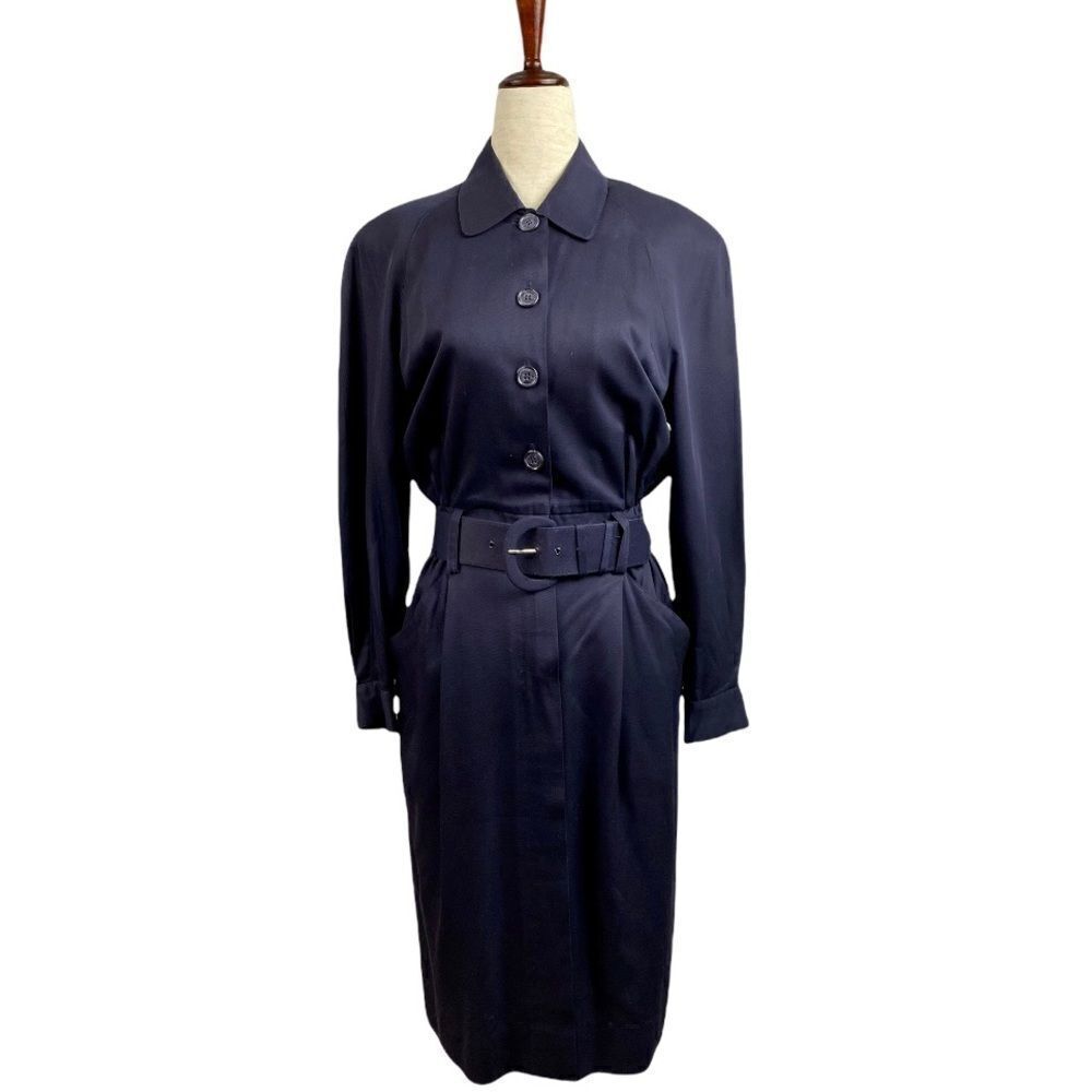 Vintage 80s Talbots 100% Rayon Long Sleeve Belted Shirt Dress Navy 6